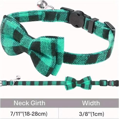 Cute Checkered Pattern Cat Collar with Bow - Adjustable & Comfortable Pet Collar, Perfect for Cats and Other Small Pets, Green in Saudi Arabia
