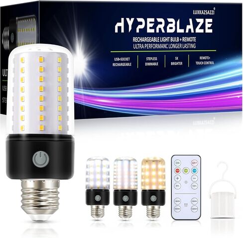 HYPERBLAZE Battery Operated Light Bulb with Remote, 72-LED Wide Bright & 3 Colors & Dimmable Rechargeable Light Bulbs for Lamps, USB+ E26 Lamp Socket Charging for Non-Hardwired Sconces, 4 Pack in Saudi Arabia