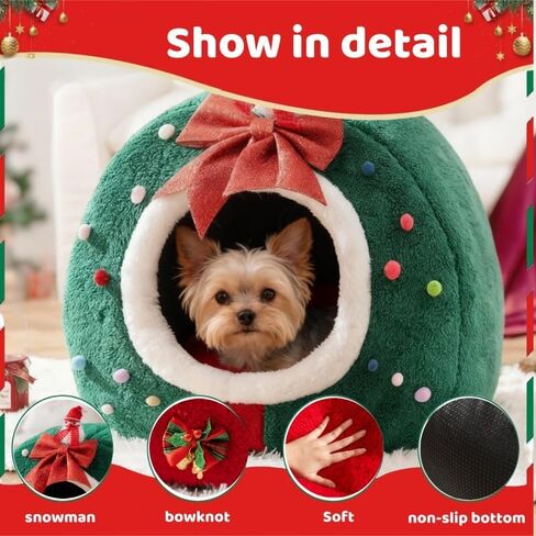 بيت كلب صغير داخلي، سرير كلب صغير لعيد الميلاد، سرير كهف للقطط في عيد الميلاد، خيمة للقطط مع وسادة قابلة للإزالة، سرير للحيوانات الأليفة لعيد الميلاد للكلاب الصغيرة (أخضر، صغير - 13.7 × 13.7 × 16 بوصة) in Kuwait