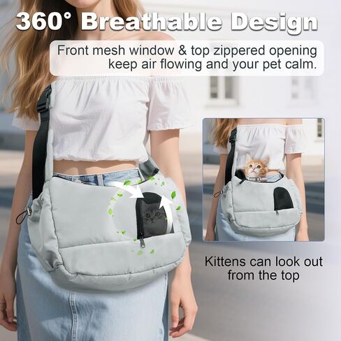 Dog Sling, Dog Carriers for Small Dogs up to 7 lbs Kitten and Puppy, Breathable Cat Carrier Sling Pet Purse with Pockets, Hands-Free Pet Carrier with Safety Harness for Travel, Gray in Saudi Arabia