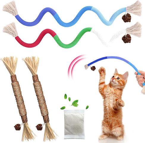Cat Toys Chew Rope & Silvervine Sticks for Bored Indoor Adult Cats, 4Pcs Interactive Catnip Toys for Cats with Refillable Natural Catnip Bag for Teeth Cleaning in Saudi Arabia
