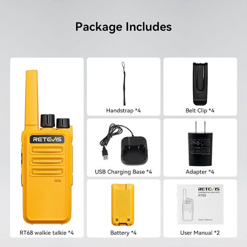 Retevis RT68 Walkie Talkies for Adults, 2 Way Radios Long Range, Hands Free, 1200mAh Battery, Portable Walkie Talkie Rechargeable with USB Charging Base, for Hunting Road Trip Hiking Family (4 Pack) in Saudi Arabia