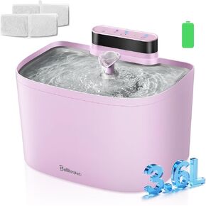 Cat Water Fountain, 122oz/3.6L Pumpless Wireless Cat Fountain, Cordless Water Fountains for Cats Indoor, Dog Pet Water Fountain Battery Operated with Stainless Steel Tray (Black, Fountain+8 Fliters) in Saudi Arabia