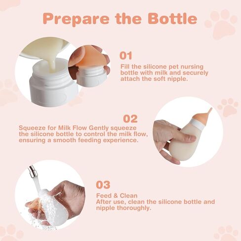 مجموعة تغذية زجاجات القطط، زجاجات الجراء المصنوعة من السيليكون الناعم القابلة للعصر لتدفق الحليب القابل للتعديل مع حلمة وحقنة بديلة، وحدة تغذية حليب الجراء والقطط حديثي الولادة (أبيض، 3.2 أونصة سائلة) in Kuwait