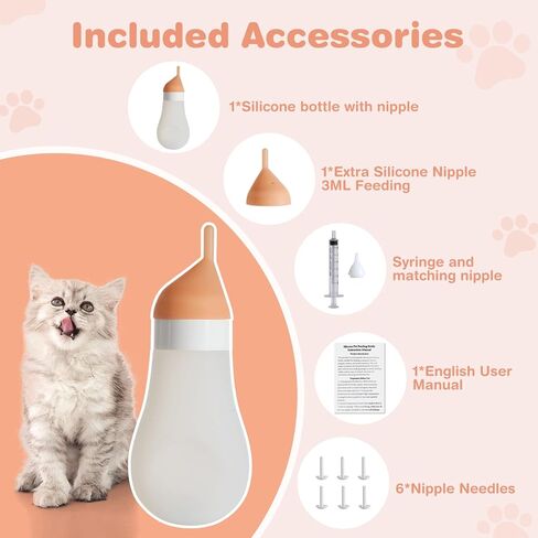 مجموعة تغذية زجاجات القطط، زجاجات الجراء المصنوعة من السيليكون الناعم القابلة للعصر لتدفق الحليب القابل للتعديل مع حلمة وحقنة بديلة، وحدة تغذية حليب الجراء والقطط حديثي الولادة (أبيض، 3.2 أونصة سائلة) in Kuwait