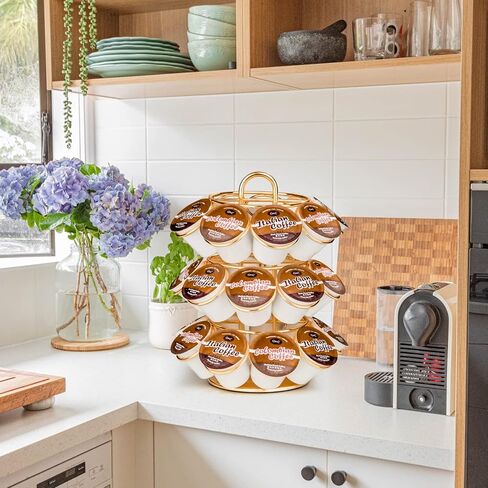 حامل كبسولات القهوة، منظم دائري لحامل الأكواب، 27 كبسولة قهوة متوافقة مع أكواب K، تدور 360 درجة، تصميم ذهبي حديث، دائري، ذهبي لامع، 3 طبقات منظم عداد المطبخ للمنزل أو المكتب in Kuwait