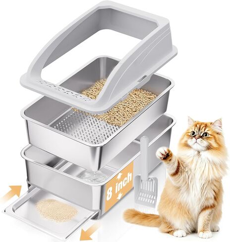 23.6"x15.7"x13.78" Stainless Steel Sifting Litter Box with Lid, XL Sifting Design for Pine Pellets, High Sides Metal Litter Box for Big Cats 7.9in Deep, Easy-to-Clean Removable Drawer Pan in Saudi Arabia