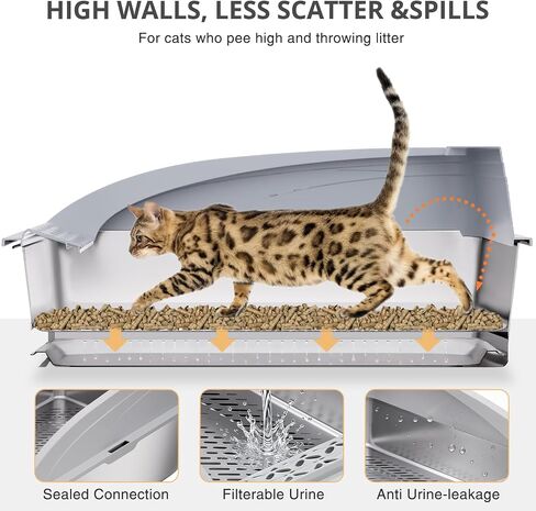 23.6"x15.7"x13.78" Stainless Steel Sifting Litter Box with Lid, XL Sifting Design for Pine Pellets, High Sides Metal Litter Box for Big Cats 7.9in Deep, Easy-to-Clean Removable Drawer Pan in Saudi Arabia