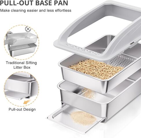 23.6"x15.7"x13.78" Stainless Steel Sifting Litter Box with Lid, XL Sifting Design for Pine Pellets, High Sides Metal Litter Box for Big Cats 7.9in Deep, Easy-to-Clean Removable Drawer Pan in Saudi Arabia