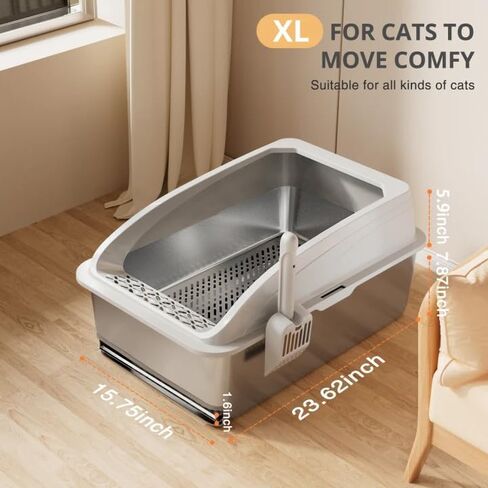 23.6"x15.7"x13.78" Stainless Steel Sifting Litter Box with Lid, XL Sifting Design for Pine Pellets, High Sides Metal Litter Box for Big Cats 7.9in Deep, Easy-to-Clean Removable Drawer Pan in Saudi Arabia