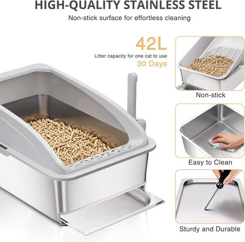 23.6"x15.7"x13.78" Stainless Steel Sifting Litter Box with Lid, XL Sifting Design for Pine Pellets, High Sides Metal Litter Box for Big Cats 7.9in Deep, Easy-to-Clean Removable Drawer Pan in Saudi Arabia