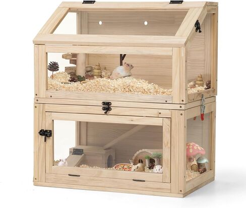 COZIWOW 2-Tier Wood Hamster Cage, Guinea Pig House with Hideouts, Ramps, Acrylic Window, Door Access, Detachable Squirrel Cage for Hedgehogs Gerbils Mice Small Animals, Natural in Saudi Arabia