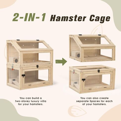COZIWOW 2-Tier Wood Hamster Cage, Guinea Pig House with Hideouts, Ramps, Acrylic Window, Door Access, Detachable Squirrel Cage for Hedgehogs Gerbils Mice Small Animals, Natural in Saudi Arabia