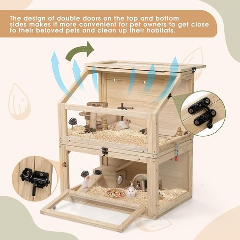 COZIWOW 2-Tier Wood Hamster Cage, Guinea Pig House with Hideouts, Ramps, Acrylic Window, Door Access, Detachable Squirrel Cage for Hedgehogs Gerbils Mice Small Animals, Natural in Saudi Arabia