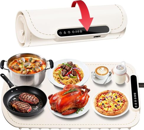 Warming Mat for Food, Upgraded Fast-Heating Electric Warming Tray with 7 Temp Levels & 8 Timers, Buffet Raised Feet & Rollable Silicone Heat Pad, Portable Food Warmer for Home, Party & Travel (Beige) in Saudi Arabia