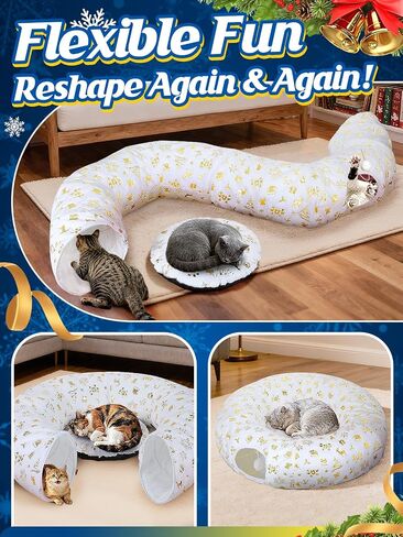 Cat Tunnel Christmas Tree Skirt - White & Golden Cat Donut Bed, Christmas Tree Protector from Cats, Xmas Cat Gifts Accessories in Saudi Arabia