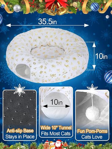 Cat Tunnel Christmas Tree Skirt - White & Golden Cat Donut Bed, Christmas Tree Protector from Cats, Xmas Cat Gifts Accessories in Saudi Arabia