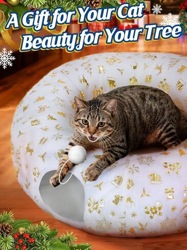 Cat Tunnel Christmas Tree Skirt - White & Golden Cat Donut Bed, Christmas Tree Protector from Cats, Xmas Cat Gifts Accessories in Saudi Arabia