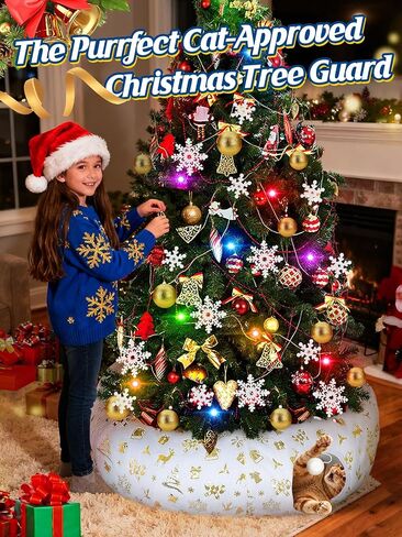 Cat Tunnel Christmas Tree Skirt - White & Golden Cat Donut Bed, Christmas Tree Protector from Cats, Xmas Cat Gifts Accessories in Saudi Arabia