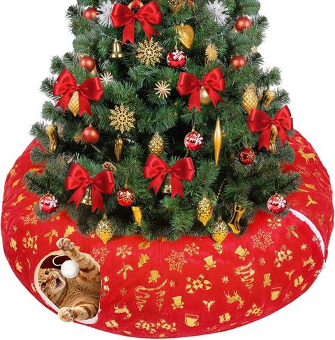 Cat Tunnel Christmas Tree Skirt - White & Golden Cat Donut Bed, Christmas Tree Protector from Cats, Xmas Cat Gifts Accessories in Saudi Arabia