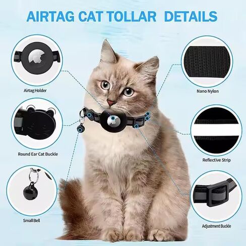 Cat Collar with Air Tags Holder and Bell, Safety Reflective Adjustable Collars with Buckle(7-12In) for Dog Kitten Puppy, Indoor Outdoor Use, Black in Saudi Arabia