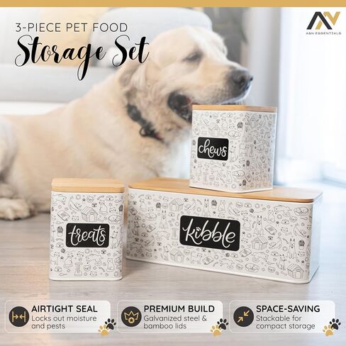 A&N Essentials 3-Piece Pet Food Storage Container Set – Airtight Galvanized Steel with Bamboo Lids – Holds Up to 6 lbs Kibble & 6 Cups Treats for Dogs & Cats in Saudi Arabia