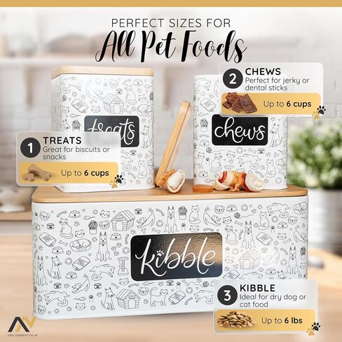 A&N Essentials 3-Piece Pet Food Storage Container Set – Airtight Galvanized Steel with Bamboo Lids – Holds Up to 6 lbs Kibble & 6 Cups Treats for Dogs & Cats in Saudi Arabia