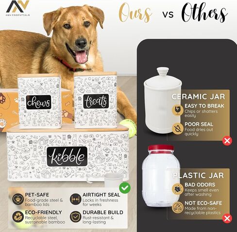 A&N Essentials 3-Piece Pet Food Storage Container Set – Airtight Galvanized Steel with Bamboo Lids – Holds Up to 6 lbs Kibble & 6 Cups Treats for Dogs & Cats in Saudi Arabia