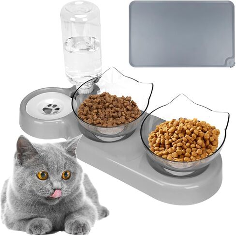 3-in-1 Cat Food and Water Bowl Set, Double Cat Bowls with Water Dispenser, Pet Food and Water Feeder for Small Medium Dogs Cats (Grey) in Kuwait