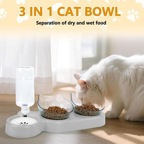3-in-1 Cat Food and Water Bowl Set, Double Cat Bowls with Water Dispenser, Pet Food and Water Feeder for Small Medium Dogs Cats (Grey) in Kuwait