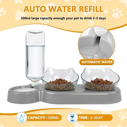 3-in-1 Cat Food and Water Bowl Set, Double Cat Bowls with Water Dispenser, Pet Food and Water Feeder for Small Medium Dogs Cats (Grey) in Kuwait