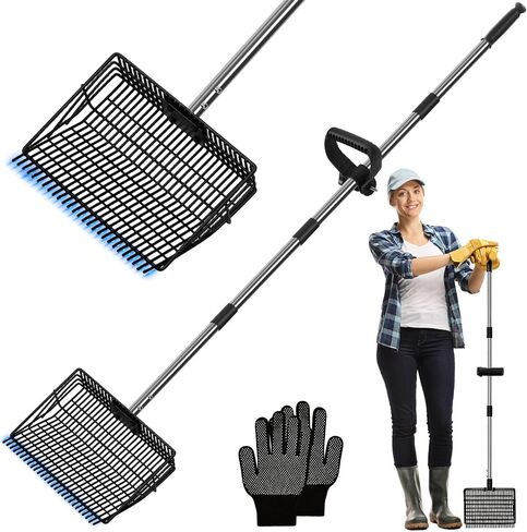 2 in 1 Chicken Poop Scooper Rake , 2 Rakes and 4 Sections Adjustable Stainless Steel Handle 37.4 - 68.9 Inch, Litter Scoop Chicken Coop Scoop for Animal Farm and Poultry Habitats with Gloves in Saudi Arabia