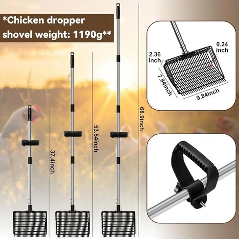 2 in 1 Chicken Poop Scooper Rake , 2 Rakes and 4 Sections Adjustable Stainless Steel Handle 37.4 - 68.9 Inch, Litter Scoop Chicken Coop Scoop for Animal Farm and Poultry Habitats with Gloves in Saudi Arabia