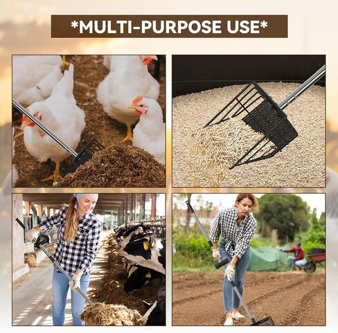2 in 1 Chicken Poop Scooper Rake , 2 Rakes and 4 Sections Adjustable Stainless Steel Handle 37.4 - 68.9 Inch, Litter Scoop Chicken Coop Scoop for Animal Farm and Poultry Habitats with Gloves in Saudi Arabia