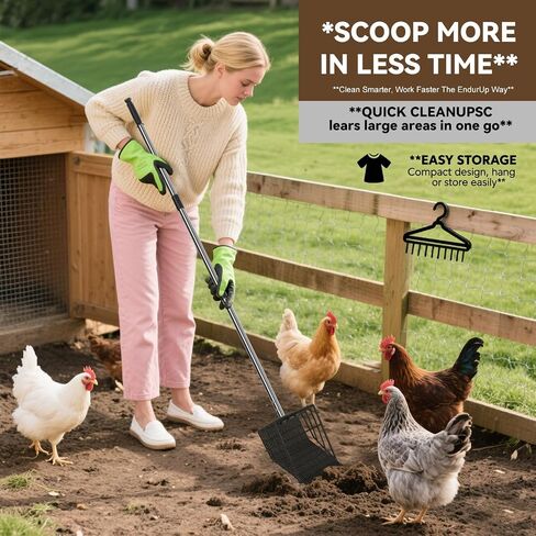 2 in 1 Chicken Poop Scooper Rake , 2 Rakes and 4 Sections Adjustable Stainless Steel Handle 37.4 - 68.9 Inch, Litter Scoop Chicken Coop Scoop for Animal Farm and Poultry Habitats with Gloves in Saudi Arabia