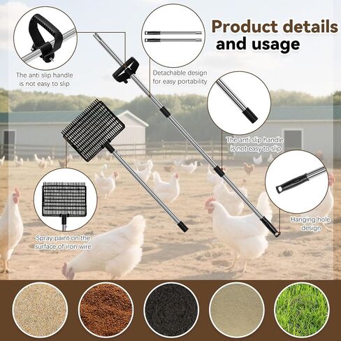 2 in 1 Chicken Poop Scooper Rake , 2 Rakes and 4 Sections Adjustable Stainless Steel Handle 37.4 - 68.9 Inch, Litter Scoop Chicken Coop Scoop for Animal Farm and Poultry Habitats with Gloves in Saudi Arabia