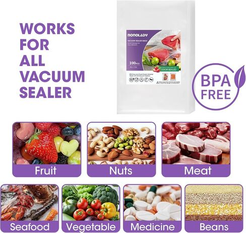 Vacuum Sealer Bags for Food, 100 Quart 8"x 12" Precut, Commercial Grade, BPA Free, Heavy Duty with Textured Surface & Puncture Prevention for Food Vac Storage, Freezer, Sous Vide, Meal Prep in Saudi Arabia