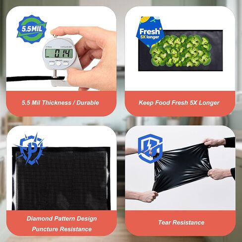 جميع بكرات حفظ الطعام السوداء مقاس 27.94 سم × 127.6 سم، أكياس ختم مفرغة من الهواء سعة 5.5 مل لتخزين الطعام، فيديو Sous Vide، وإعداد الوجبات، درجة تجارية شديدة التحمل (كرتان، إجمالي 100 قدم) in Kuwait
