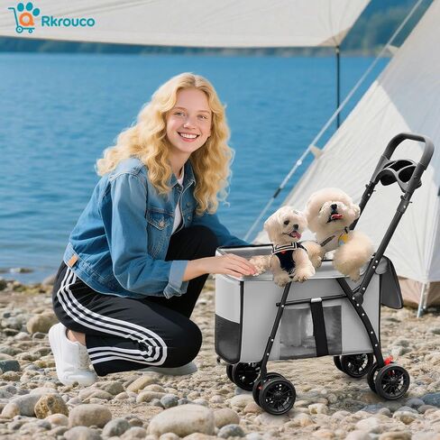 Foldable Pet Stroller for Small Medium Cat Dogs Portable Pets Carriers Strollers with 4 Wheels Up to 55Lbs Puppy Strolling Cart Travel (Gray) in Saudi Arabia