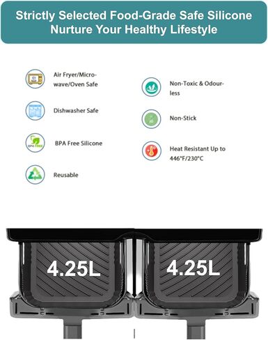 بطانات مقلاة هوائية من السيليكون من Szyeequoo عبوتين، بطانات سيليكون قابلة لإعادة الاستخدام لـ Ninja Foodi DZ201 DZ401 DZ550، COSORI، فورية، شيفمان، مقلاة هوائية ذات سلة مزدوجة 8-10QT، آمنة للاستخدام في غسالة الأطباق، أسود in Kuwait