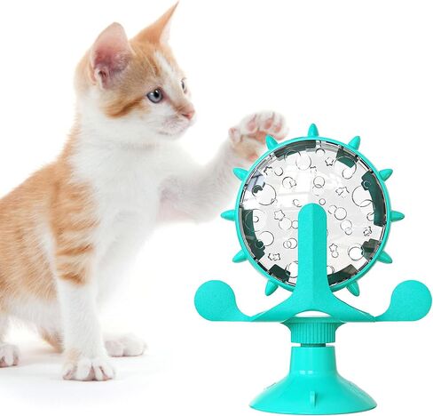 Interactive Cat Food Treats Dispenser Toy for Indoor Cats, 360° Rotating Windmill Suction Cup Toys for Small Pet, Puzzle Original Slow Dog Feeder Snack Distribution & Exercise Wheel Toy (Lake Blue) in Saudi Arabia