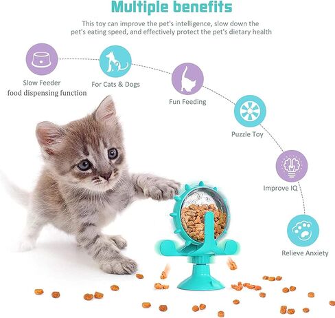 Interactive Cat Food Treats Dispenser Toy for Indoor Cats, 360° Rotating Windmill Suction Cup Toys for Small Pet, Puzzle Original Slow Dog Feeder Snack Distribution & Exercise Wheel Toy (Lake Blue) in Saudi Arabia