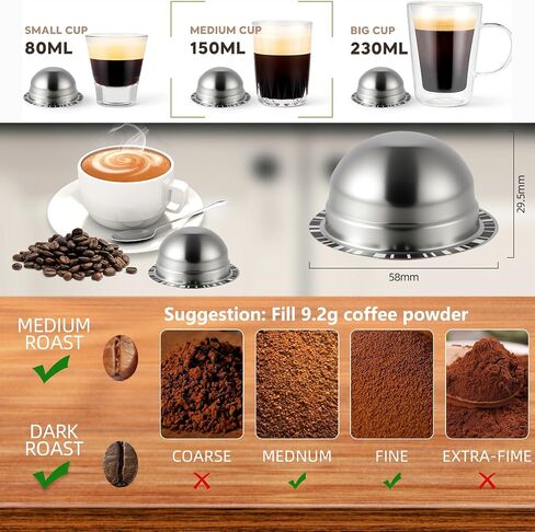 Stainless Steel Reusable Coffee Pods for Nespr*sso V-rtuo - Refillable Capsules Compatible with V-rtuoline GCA1 and ENV135 NEXT POP Series With 4 Barcode Stickers,Silicone Lid (150ML) in Saudi Arabia