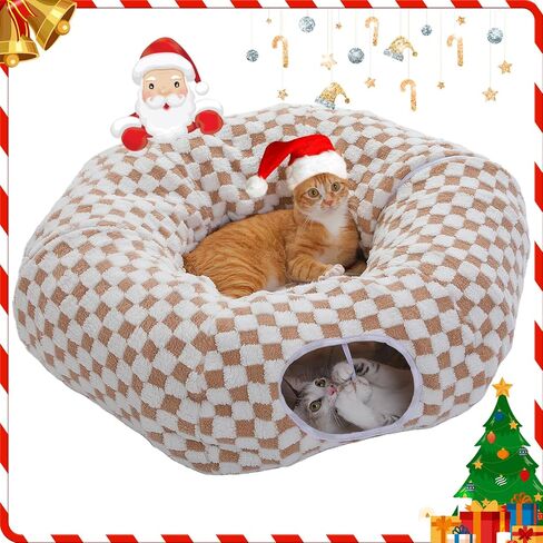 PEQULTI Cat Tunnel with Cat Bed for Indoor Cats, Cat Play Donut Tunnel with Washable Soft Plush Mat, Round Tunnel Toys Cute Tube for Kittens, Puppies, Rabbits and Ferrets, Brown in Saudi Arabia