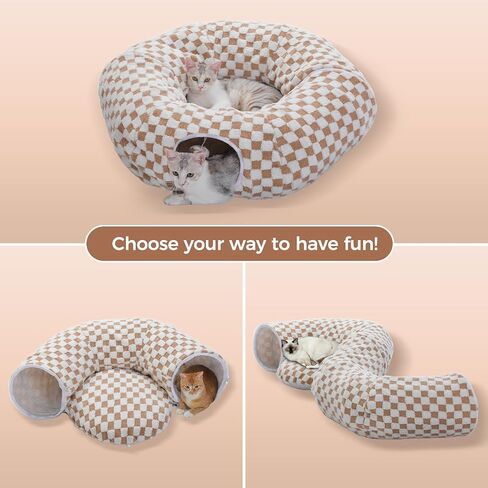 PEQULTI Cat Tunnel with Cat Bed for Indoor Cats, Cat Play Donut Tunnel with Washable Soft Plush Mat, Round Tunnel Toys Cute Tube for Kittens, Puppies, Rabbits and Ferrets, Brown in Saudi Arabia