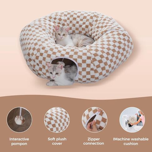 PEQULTI Cat Tunnel with Cat Bed for Indoor Cats, Cat Play Donut Tunnel with Washable Soft Plush Mat, Round Tunnel Toys Cute Tube for Kittens, Puppies, Rabbits and Ferrets, Brown in Saudi Arabia