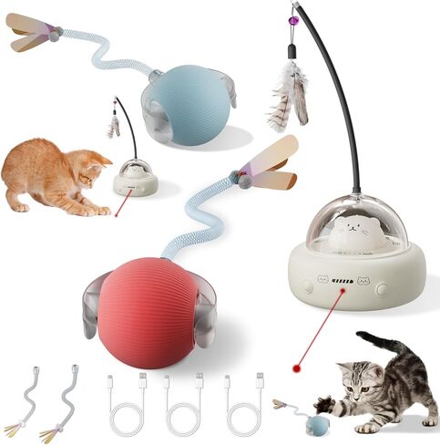 Interactive Cat Toys Set, 1 Automatic Laser Toy with Feather Wand and 2 Cat Ball Toys, Rechargeable 3-in-1 Pet Toys for Indoor Cats and Kittens in Saudi Arabia