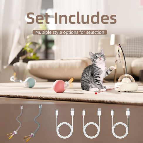 Interactive Cat Toys Set, 1 Automatic Laser Toy with Feather Wand and 2 Cat Ball Toys, Rechargeable 3-in-1 Pet Toys for Indoor Cats and Kittens in Saudi Arabia