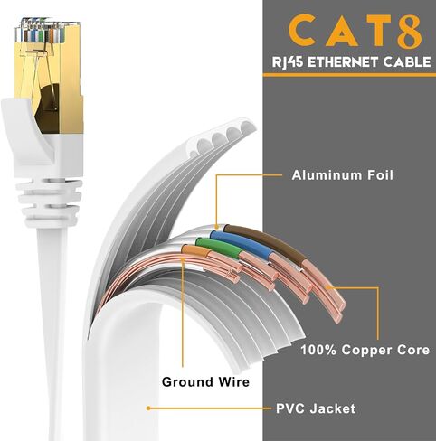كابل إيثرنت Ercielook CAT8 عالي السرعة بطول 100 قدم، كابل إنترنت مسطح محمي مع مشابك، مقاوم للطقس S/FTP مقاوم للأشعة فوق البنفسجية لجهاز التوجيه/الألعاب/المودم - أسود 30 متر in Kuwait