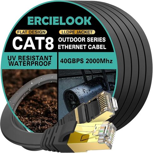 Ercielook CAT8 Ethernet Cable 30 ft,40Gbps 2000MHz High Speed, FTP Shielded | Flat Ethernet Cable, Weatherproof UV Resistant Network Cable RJ45 Connector for Gaming, Router, Modem, Home Office, Media in Saudi Arabia